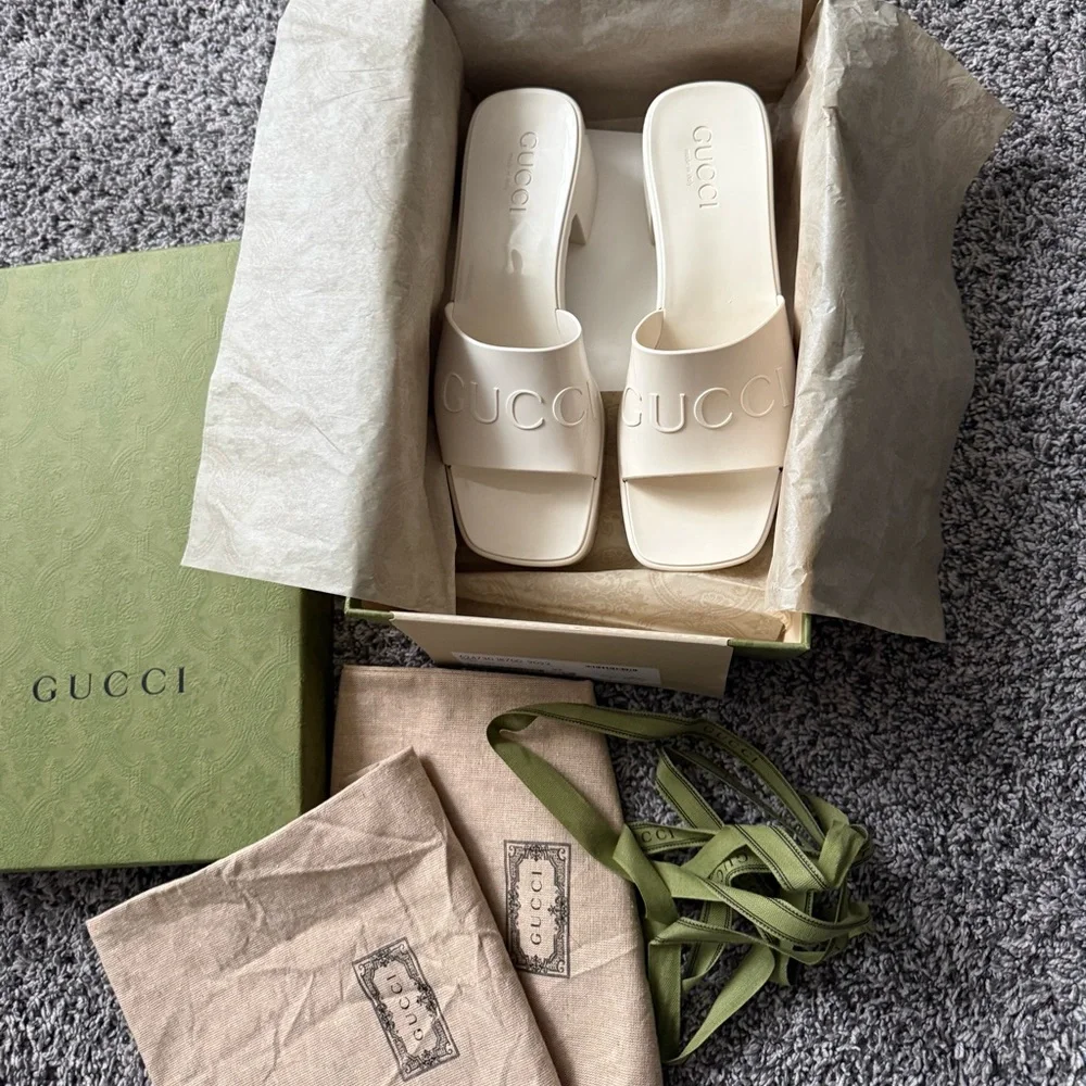 Gucci Cream Embossed Logo Slide Sandals - Picture 8 of 16